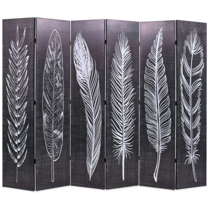 vidaXL Paravan cameră pliabil, negru&amp;alb, 228 x 170 cm, imprimeu pene