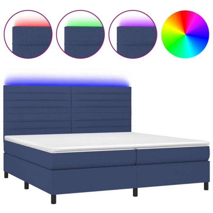 Pat cu arcuri, saltea si LED, albastru, 200x200 cm, textil