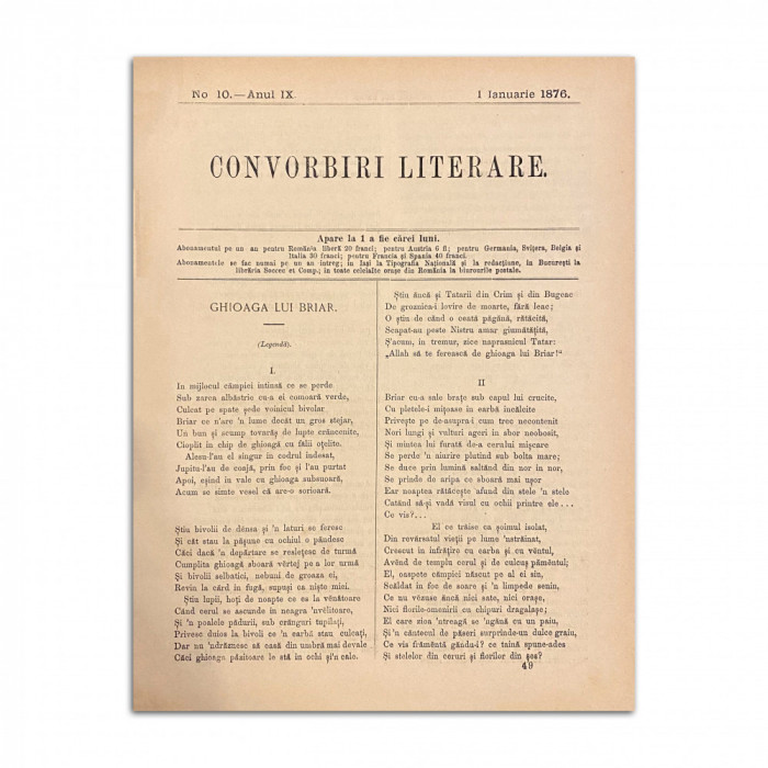 Convorbiri Literare, Anul IX, Nr. 10, 1 Ianuarie 1876, cu &bdquo;Punguța cu doi bani&rdquo; de Ion Creangă