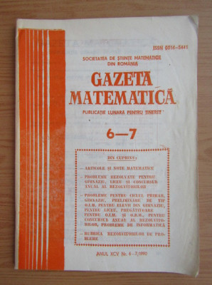 Revista Gazeta Matematica. Anul XCV, nr. 6-7 / 1990 foto