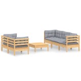 Cumpara ieftin Set mobilier gradina cu perne gri, 6 piese, lemn de pin
