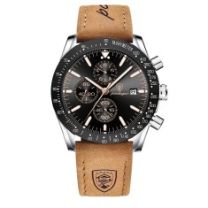 Ceas barbatesc de mana Poedagar Analog Quartz Cronograf Piele naturala Maro Negru