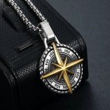 Lant Barbati Inox, Pandantiv Busola Viking, Design Nordic, Placat Aur &amp;