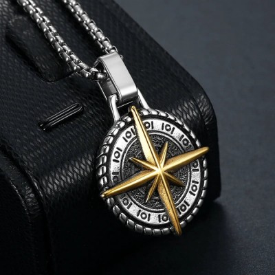 Lant Barbati Inox, Pandantiv Busola Viking, Design Nordic, Placat Aur &amp;amp; foto