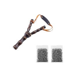 Set praștie din lemn si 200 bile metalice 8 mm pentru airsoft si prastie, 19 cm, Maro
