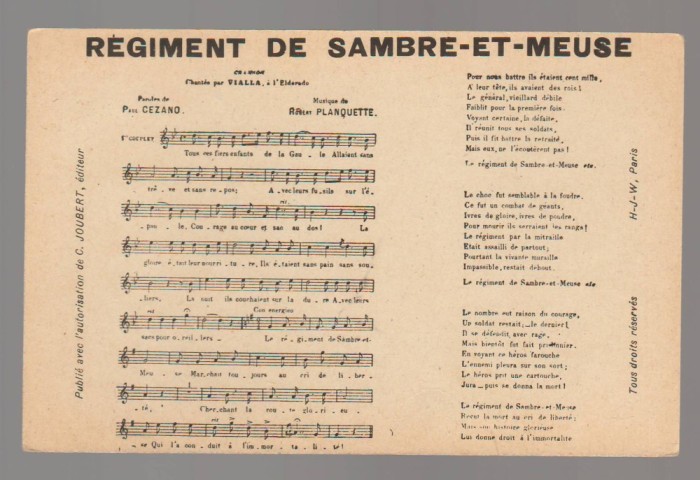 CPIB 23860 CARTE POSTALA - PARTITURA MUZICALA - &quot;REGIMENT DE SAMBRE-ET-MEUSE&quot;, NECIRCULATA, PARIS