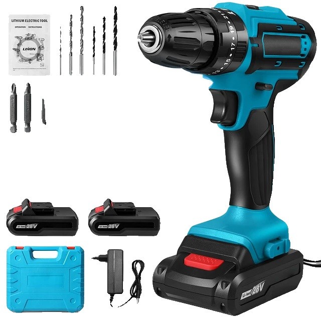 Set masina de gaurit si insurubat, multifunctionala, 28V, 32 cuplu, 1300mAh, 2 baterii, incarcator, 24 accesorii, multicolor