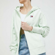 Tommy Jeans hanorac de bumbac femei, culoarea verde, cu glugă, neted