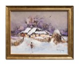 Cumpara ieftin Tablou peisaj de iarna pictat manual inramat, Pe ulita, 45x35cm ulei pe panza, rama din lemn, Geo Ungureanu