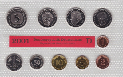GERMANIA SET MONETARIE 1,2,5,10,50 PFENNIG 1,2,5 MARK 12.68 DM LIT. D 2001 UNC foto
