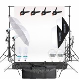 Cumpara ieftin Sistem studio foto profesional cu fundal alb, 2 softboxuri, 2 umbrele, 2 becuri fluorescente 150W si 2 LED 150W alb 5500K, stative 200 cm si genti tra