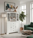 Set comoda living si dormitor, VM3, 4 sertare, 2 usi si vitrina suprapozabila VMN4, 2 usi, 2 polite, Pal melaminat, cu insertii MDF, Alb Antichizat