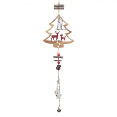 Decorațiune Crăciun, Lemn, Brad, Ren, Clopoței, Lungime 57cm, Lățime 16cm, Maro