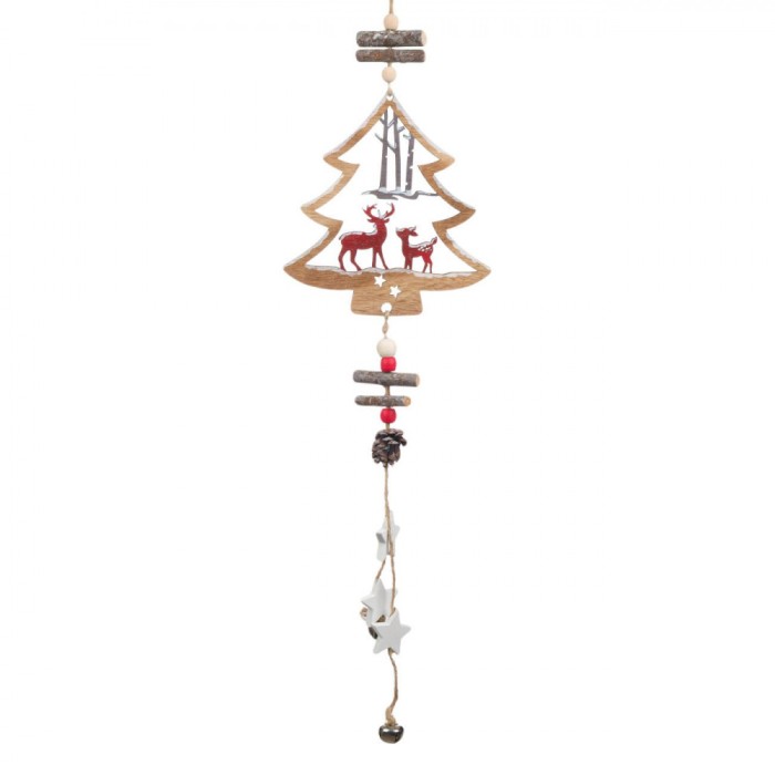 Decorațiune Crăciun, Lemn, Brad, Ren, Clopoței, Lungime 57cm, Lățime 16cm, Maro