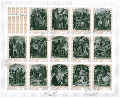 ✅Ras Al Khaima 1972 &amp;quot; Patimile lui Isus&amp;quot;, serie bloc 14v. ,Mi. 687/700A,stampilat foto