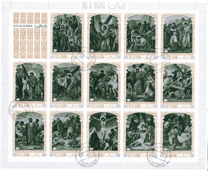 ✅Ras Al Khaima 1972 &quot; Patimile lui Isus&quot;, serie bloc 14v. ,Mi. 687/700A,stampilat