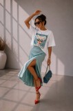 Tricou dama alb din bumbac cu imprimeu fetita cu flori de mar in par