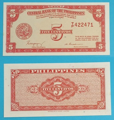 Filipine (p#126) 5 Centavos 1949 UNC &amp;#039;Seria englezeasca&amp;#039; serie: 422471 foto