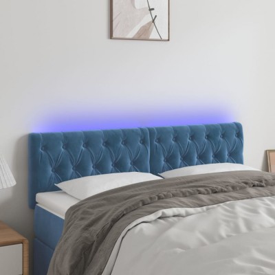 vidaXL Tăblie de pat cu LED, albastru &amp;icirc;nchis, 160x7x78/88 cm, catifea foto