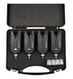 Set 4 Avertizori Pescuit Hakuyo MK-20, LED Colorate, Volum/Ton/Sensibilitate Reglabile, Valigeta Transport