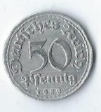 Moneda 50 pfennig 1922 G - Germania, putin slefuita pe cant