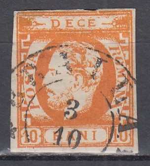 ROMANIA 1871 LP 31 REGELE CAROL I CU BARBA 10 BANI PORTOCALIU STAMPILAT BRAILA T 6