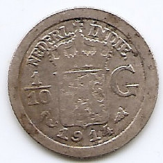 Indiile de Est Olandeze 1/10 Gulden 1914 - Wilhelmina, Argint 1.25g/720, KM-311