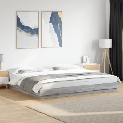 Cadru de pat cu lumini LED gri sonoma 200x200 cm lemn prelucrat foto