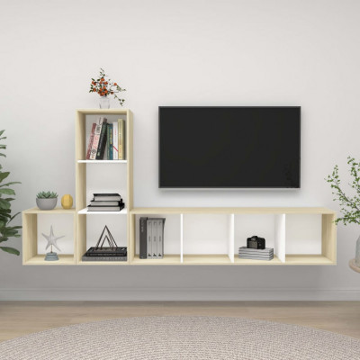 vidaXL Set de dulapuri TV, 3 piese, alb și stejar sonoma, PAL foto