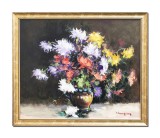 Cumpara ieftin Tablou cu crizanteme pictat manual inramat, Parfum de sarbatoare, 65x55cm ulei pe panza, rama din lemn, Geo Ungureanu