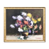 Tablou cu crizanteme pictat manual inramat, Parfum de sarbatoare, 65x55cm ulei pe panza, rama din lemn, Geo Ungureanu