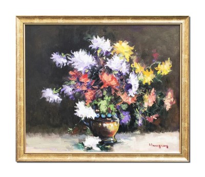 Tablou cu crizanteme pictat manual inramat, Parfum de sarbatoare, 65x55cm ulei pe panza, rama din lemn, Geo Ungureanu foto
