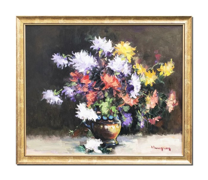 Tablou cu crizanteme pictat manual inramat, Parfum de sarbatoare, 65x55cm ulei pe panza, rama din lemn, Geo Ungureanu