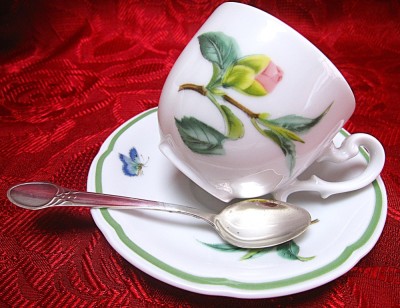 SET CEASCA CAFEA CU FARFURIE PORTELAN HEINRICH BAVARIA DECOR FLORI SI FLUTURI SI LINGURITA ARGINTATA foto
