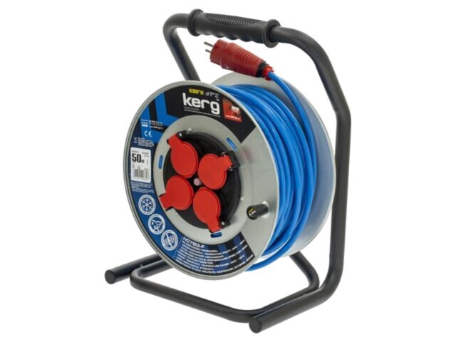 Prelungitor alimentar KERG 3x1,5mm2 bobinat cu 4 prize PUR albastru