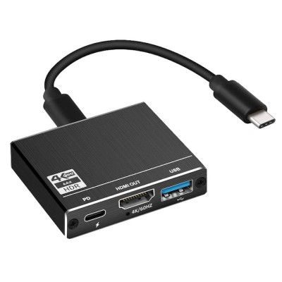 Adaptor convertor 3 in 1 USB 3.1 Type-C la HDMI 4K@60Hz, USB 3.0 si port de incarcare USB Type-C, negru foto