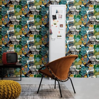 Noordwand Tapet &amp;quot;Good Vibes Club Posters&amp;quot;, verde și portocaliu foto
