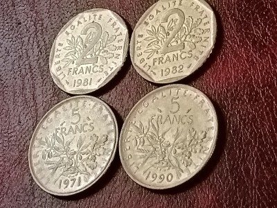 Lot 4 monede Franta: 2 francs franci 1981 + 1982, 5 francs 1971 + 1990 [poze]. Discount conform descriere [10 - 20 %. Vezi descrierea.]. foto