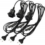 Set 3 Cabluri adaptor 3.5m cu dulie E27 si intrerupator, Kwmobile, Negru, PVC, 42682