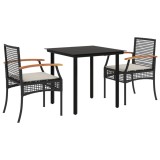 Set mobilier de gradina cu perne, 3 piese, negru, poliratan