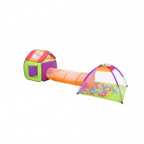 Cort de joaca pentru copii, 3 in 1, igloo si casuta, cu tunel, 200 bile, husa, 375x118x96 cm, Isotrade