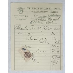 17.CHITANTA ELIBERATA FAMILIILOR DOCTORULUI CONSTANTIN DANIEL SI ANTON CARP , DE HOTELUL &#039; TRIANON PALACE &#039; DIN PARIS , 1932