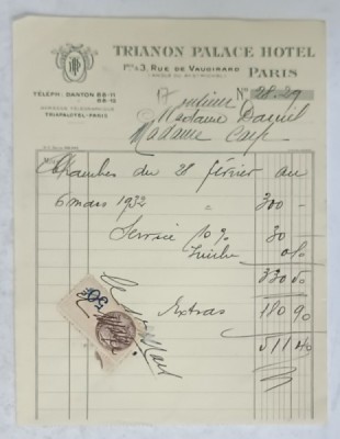 17.CHITANTA ELIBERATA FAMILIILOR DOCTORULUI CONSTANTIN DANIEL SI ANTON CARP , DE HOTELUL &amp;#039; TRIANON PALACE &amp;#039; DIN PARIS , 1932 foto