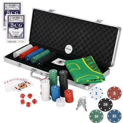 Set de Poker Complex cu 500 de jetoane, covoras verde, 2 seturi de carti, 5 zaruri, in servieta aluminiu Household NewTrend foto