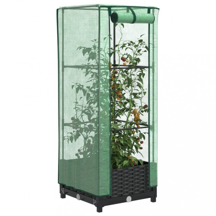 Strat &icirc;nălțat cu husă de seră, aspect ratan, 40x40x123 cm
