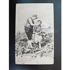 Carte postala, desen femeie si barbat in costume populare, 1902