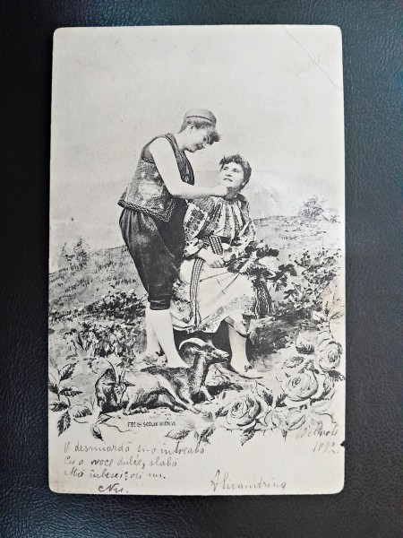 Carte postala, desen femeie si barbat in costume populare, 1902