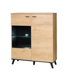 Comoda 2 usi 1 vitrina mdf natur stejar lefkas negru Siran 101x40x121 cm