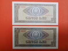 2 x Bancnota 5 lei 1966 seria B0084 / B0187 filigran vertical diferenta de culoare - UNC++++