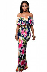 Q486 Rochie maxi, de vara, cu print colorat Navy Blue Roses foto